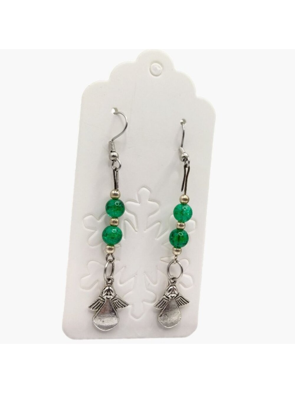 Silver Angel earrings Stamped Made for an Angel Shimmer Green Beads Drop Dangle